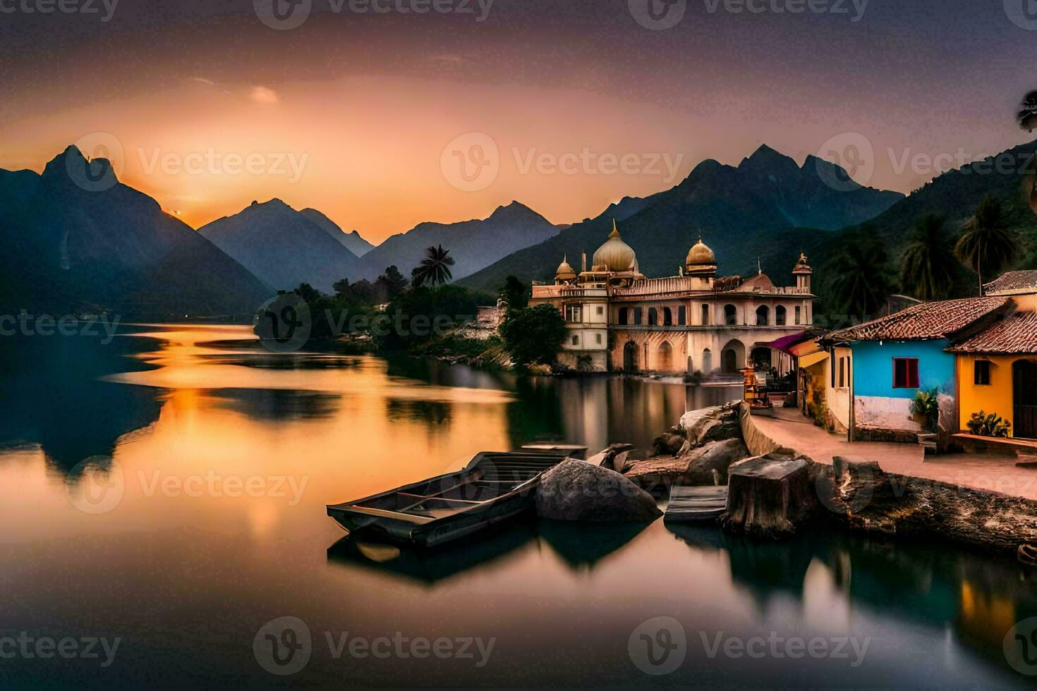 Foto Hintergrund das Himmel, Berge, See, Haus, Sonnenuntergang, Indien, das Sonnenuntergang,. KI-generiert