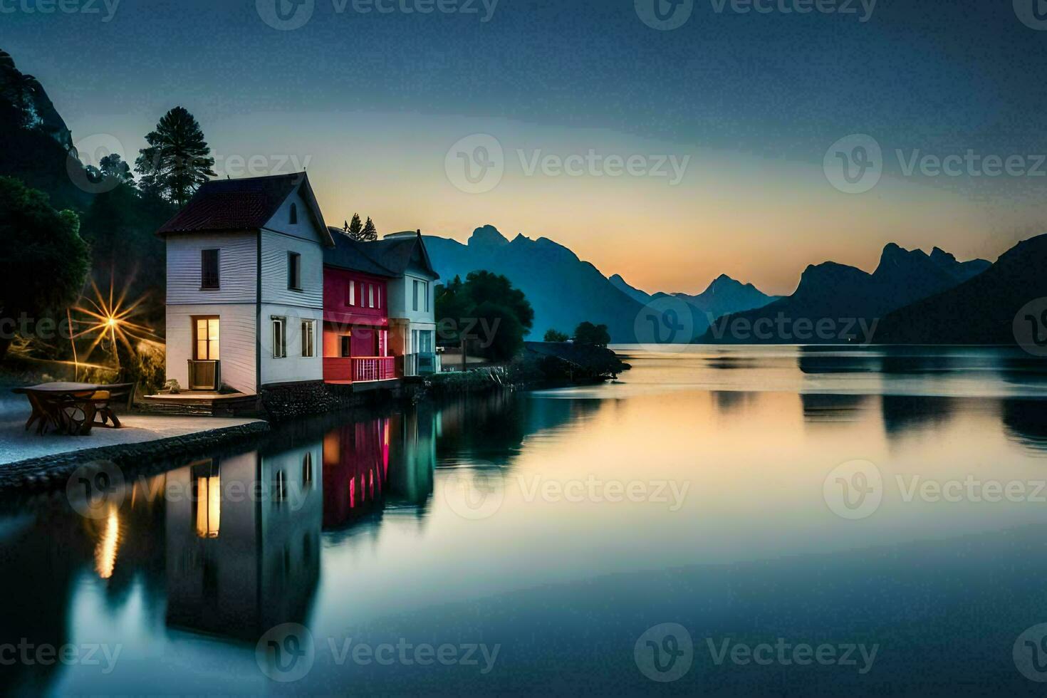 ein Haus sitzt auf das Ufer von ein See beim Sonnenuntergang. KI-generiert foto