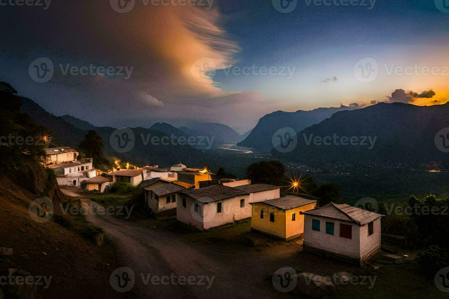 ein Dorf beim Sonnenuntergang im das Berge. KI-generiert foto