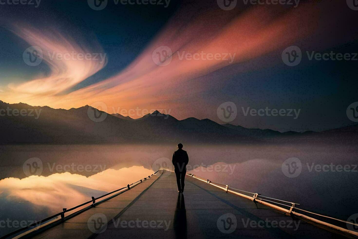 ein Mann Stehen auf ein Seebrücke suchen beim das Himmel. KI-generiert foto