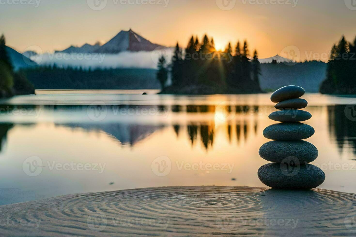 ein Stapel von Steine sitzt auf das Sand beim Sonnenuntergang. KI-generiert foto