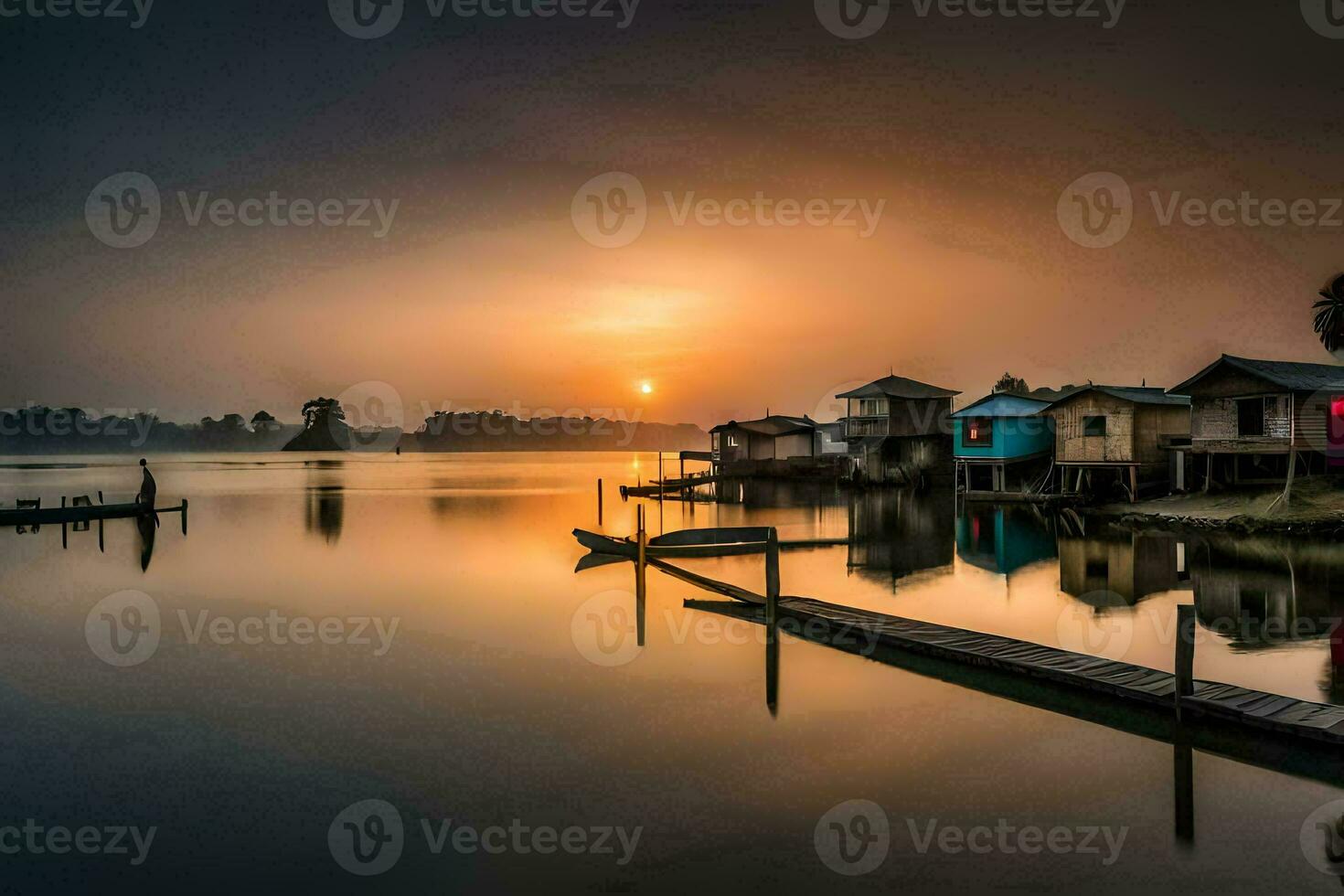 ein schön Sonnenaufgang Über ein See mit Häuser auf das Ufer. KI-generiert foto