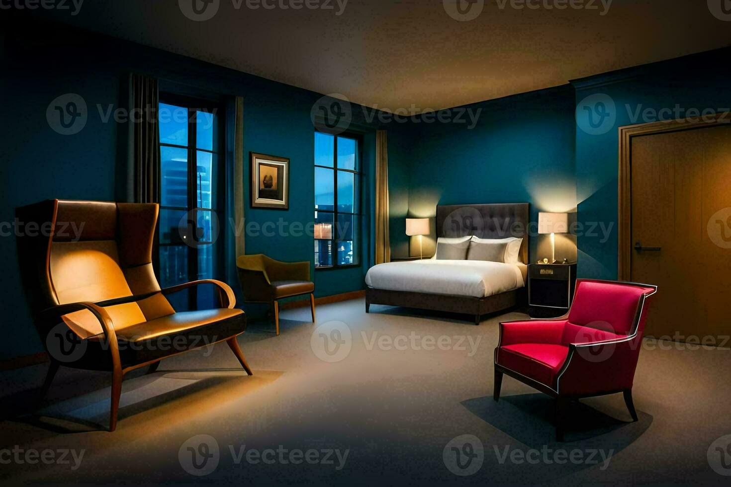 ein Hotel Zimmer mit ein Bett, Stuhl und Lampe. KI-generiert foto