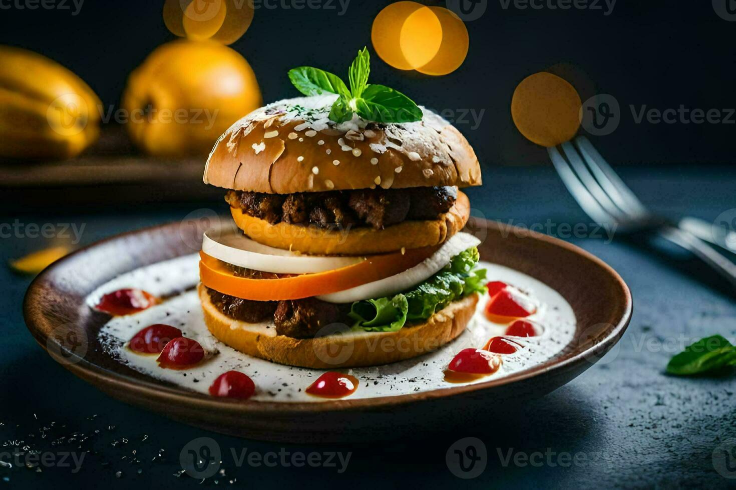 ein Burger mit Käse, Tomaten und Grüner Salat auf ein Platte. KI-generiert foto