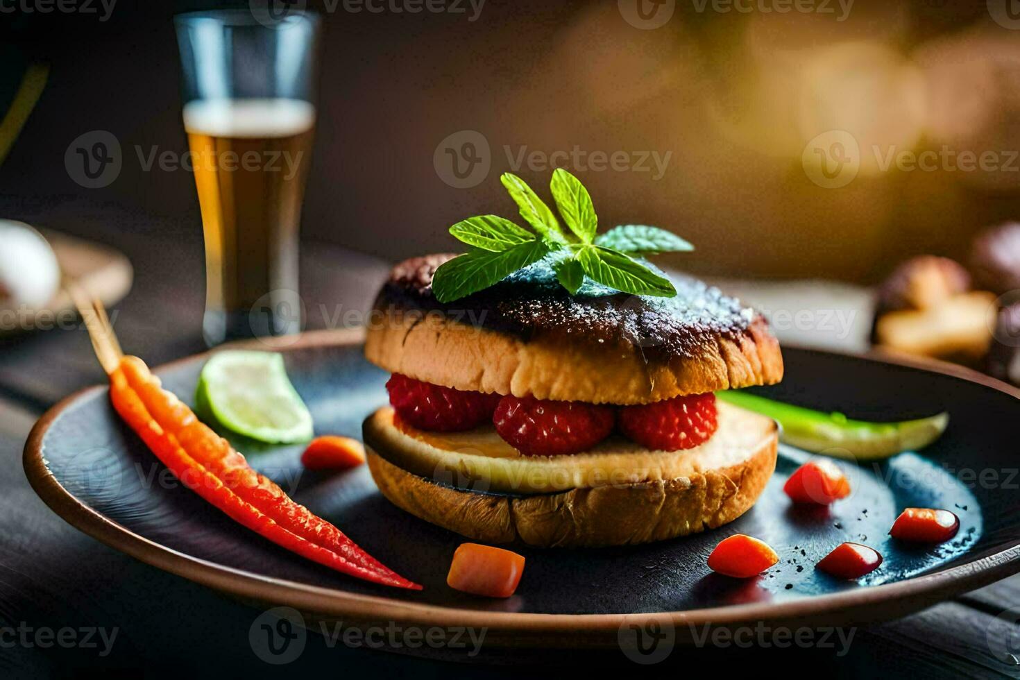 ein Burger mit Beeren und Käse auf ein Platte. KI-generiert foto
