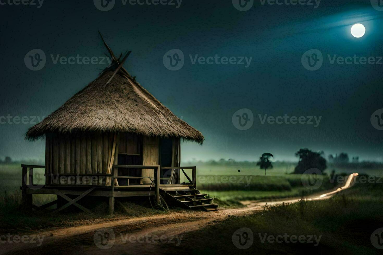 ein Hütte sitzt im das Mitte von ein Feld beim Nacht. KI-generiert foto