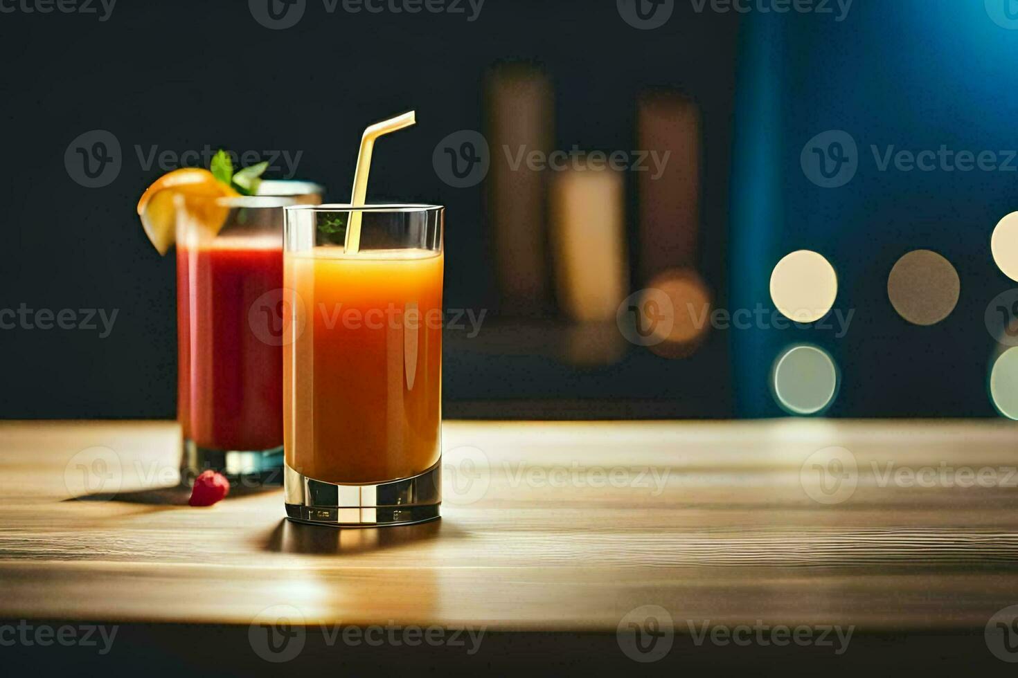 zwei Brille von Orange Saft auf ein hölzern Tisch. KI-generiert foto