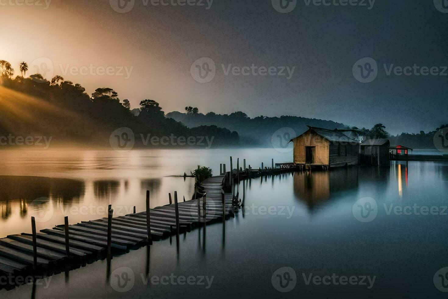 Foto Hintergrund das Himmel, Wasser, Sonnenaufgang, das Sonne, das Wasser, das Dock, Die. KI-generiert