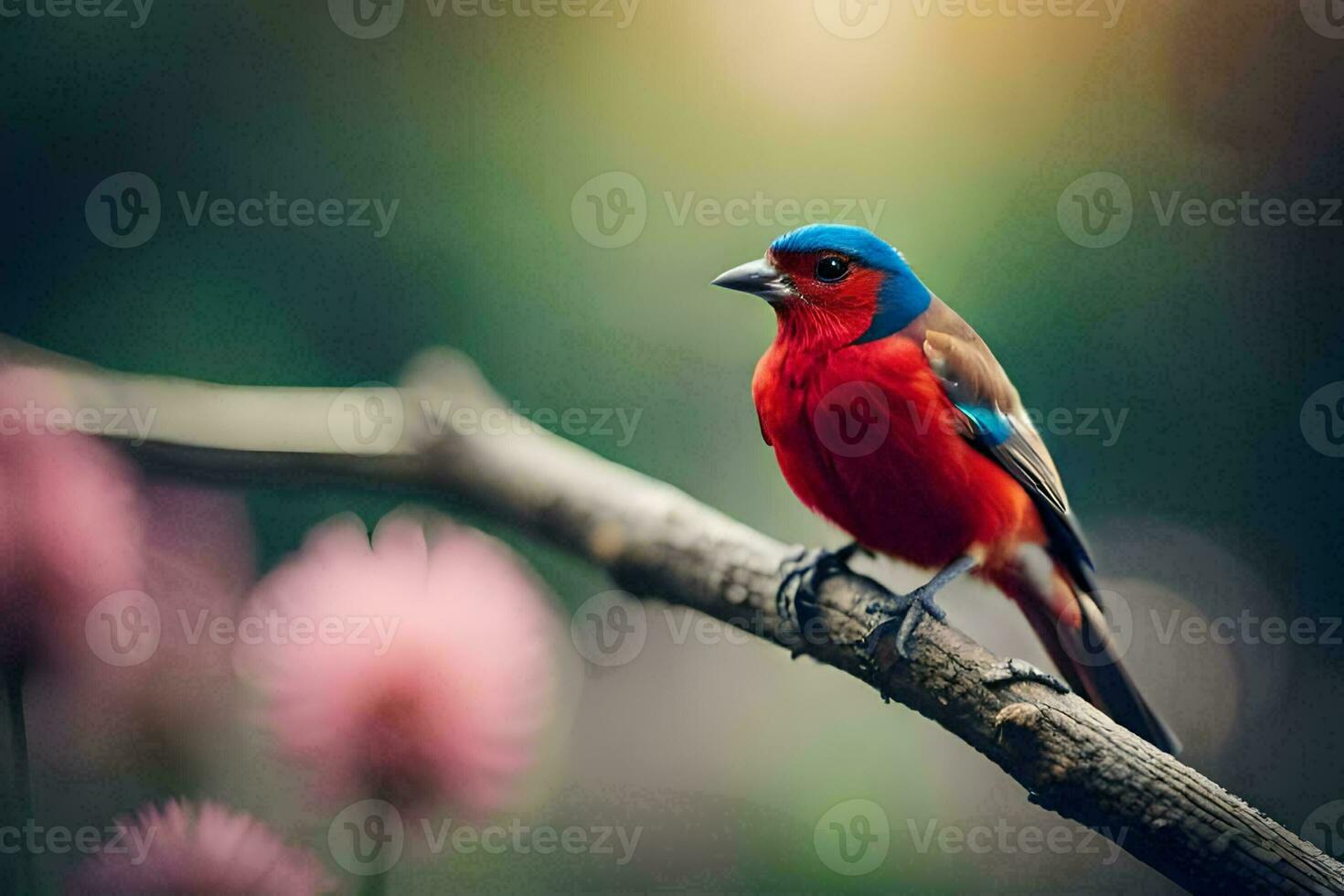 ein rot und Blau Vogel Sitzung auf ein Ast. KI-generiert foto