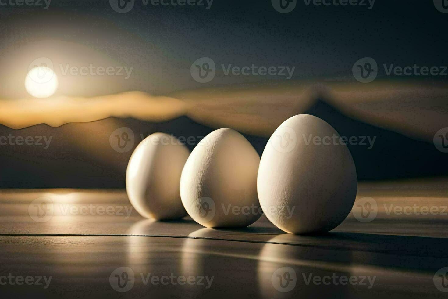 drei Eier sind gefüttert oben gegen ein Berg. KI-generiert foto