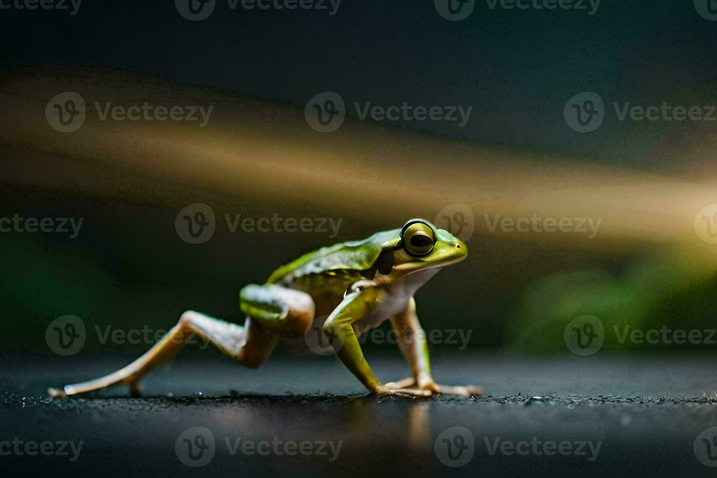 ein Frosch ist Stehen auf ein dunkel Oberfläche. KI-generiert foto