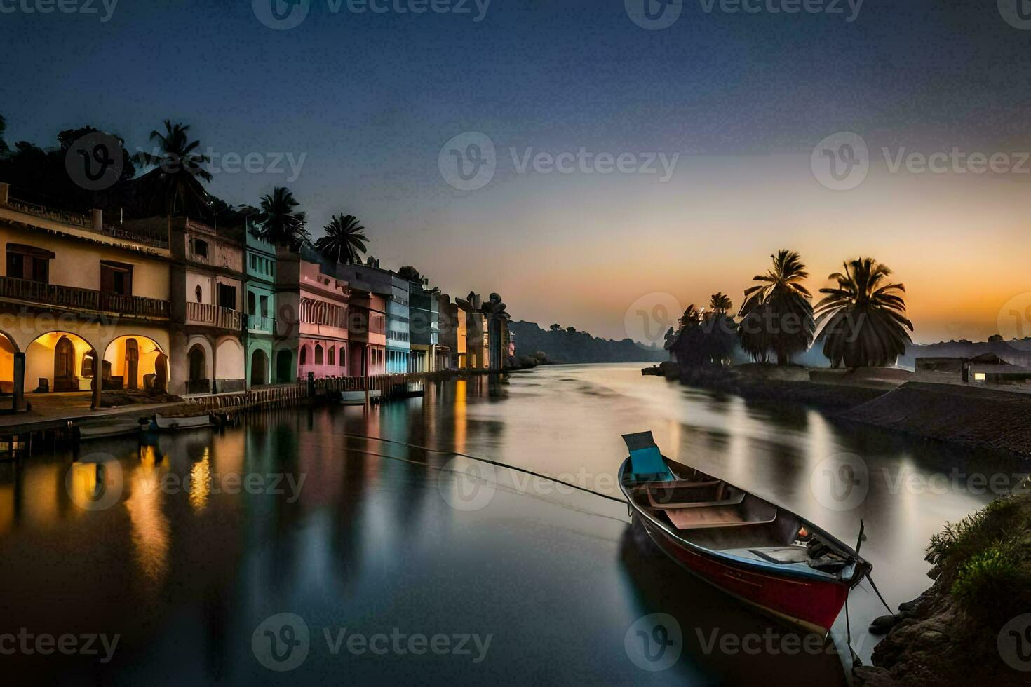 ein Boot sitzt auf das Wasser beim Sonnenuntergang im Vorderseite von bunt Gebäude. KI-generiert foto