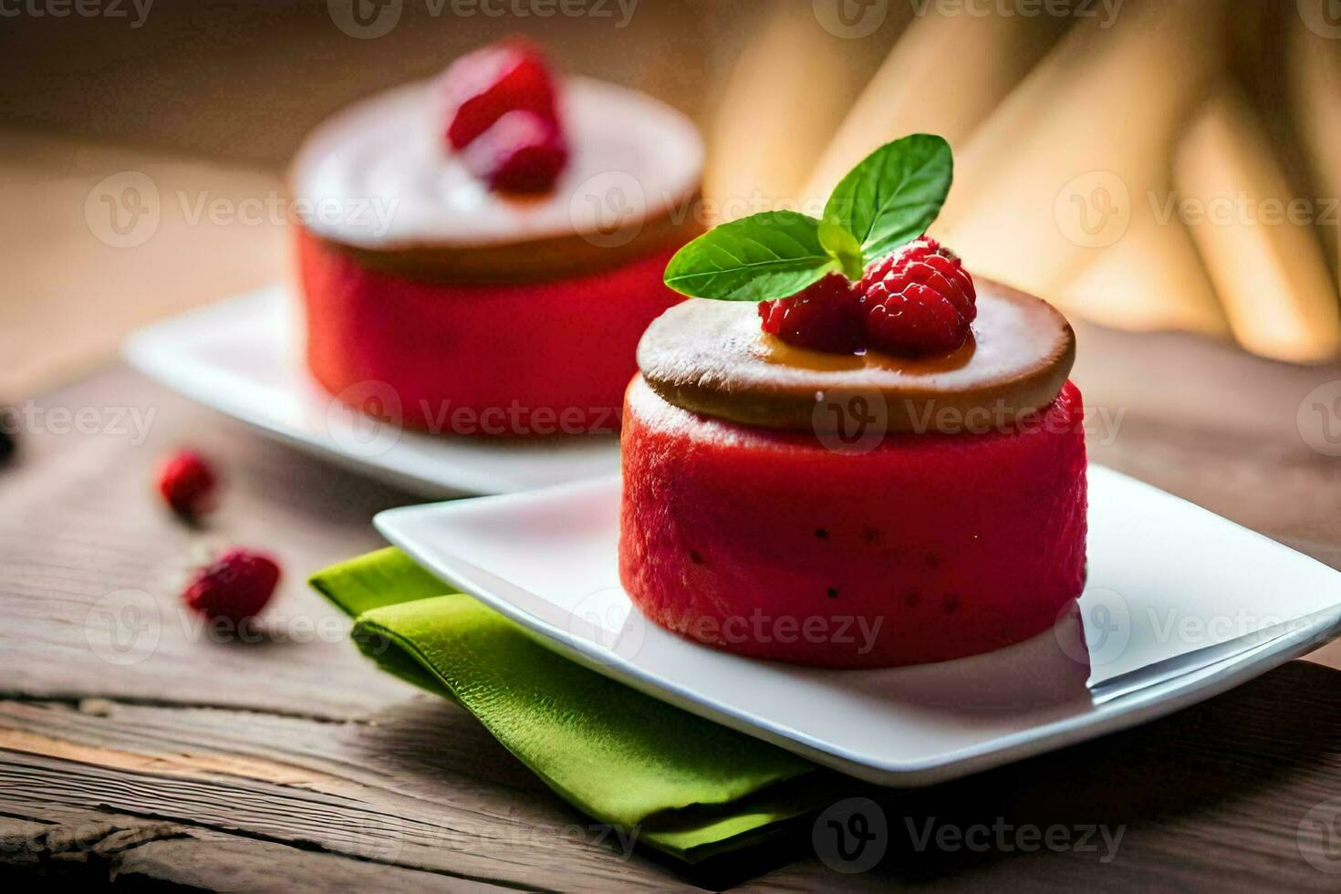 zwei klein Nachspeisen mit Himbeeren auf ein hölzern Tisch. KI-generiert foto