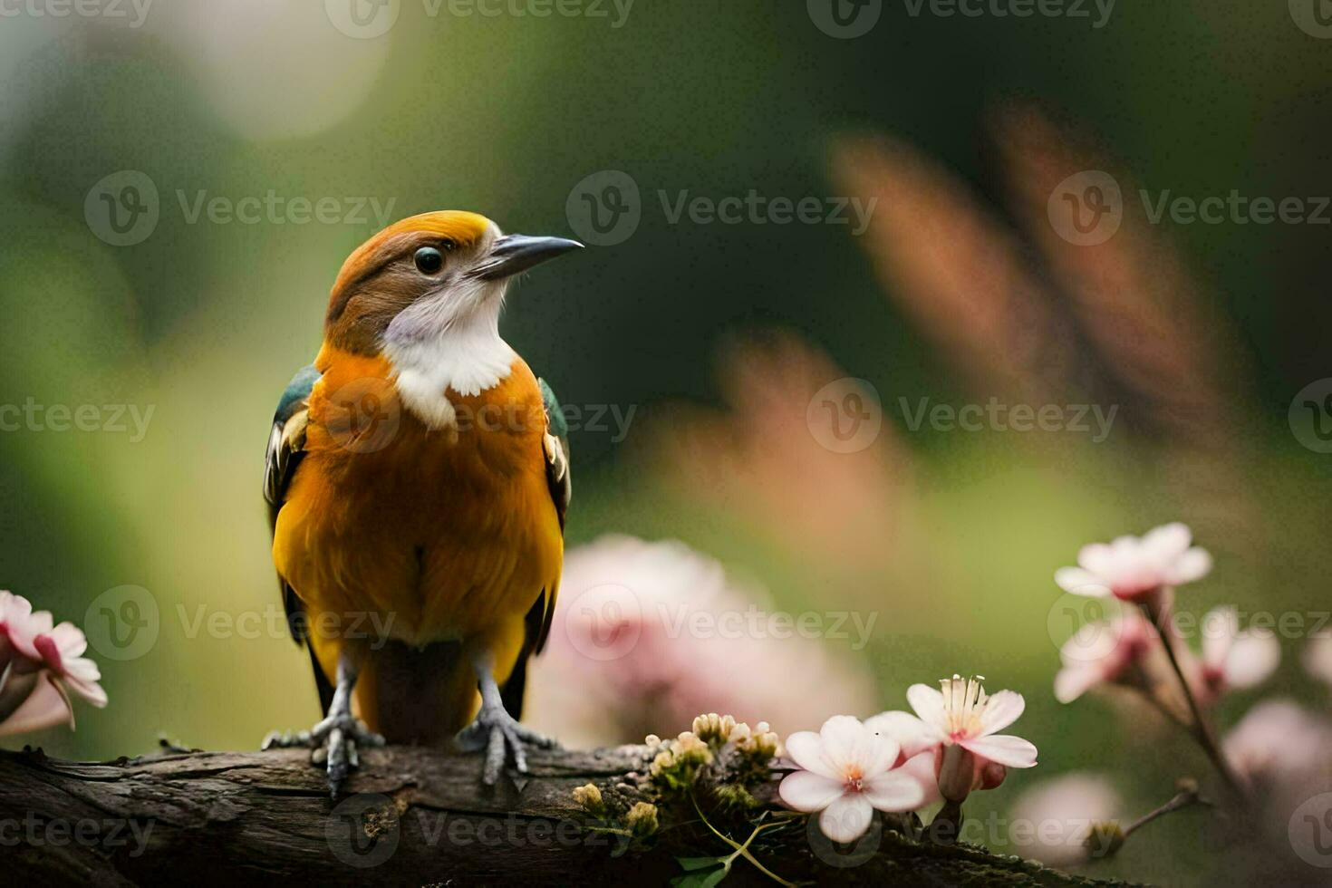 ein Vogel Sitzung auf ein Ast mit Blumen. KI-generiert foto