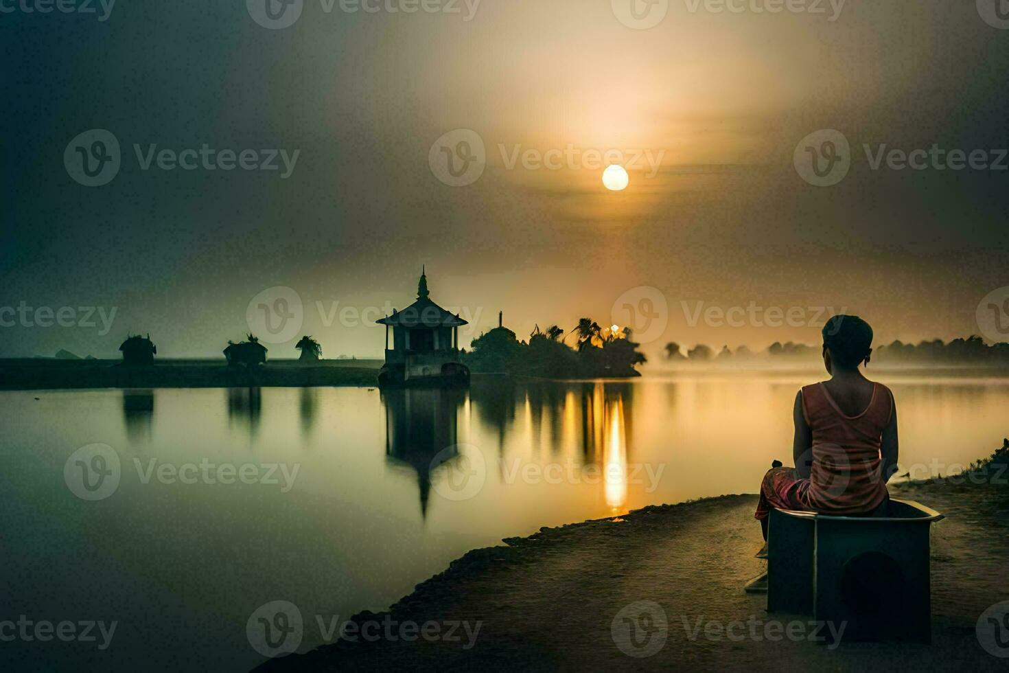 ein Mann Sitzung auf ein Bank mit Blick auf ein See beim Sonnenaufgang. KI-generiert foto