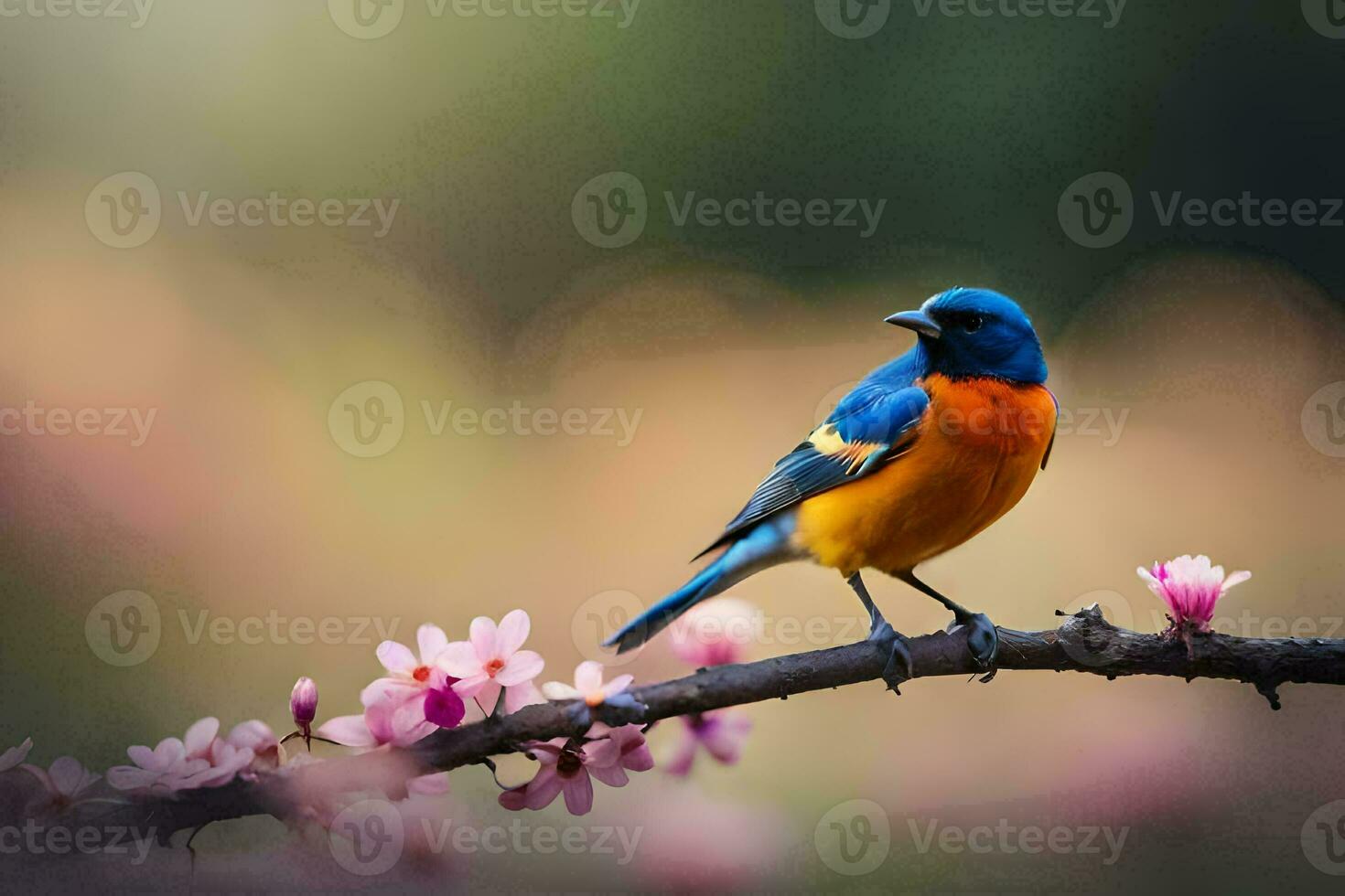 ein Blau und Orange Vogel ist thront auf ein Ast. KI-generiert foto