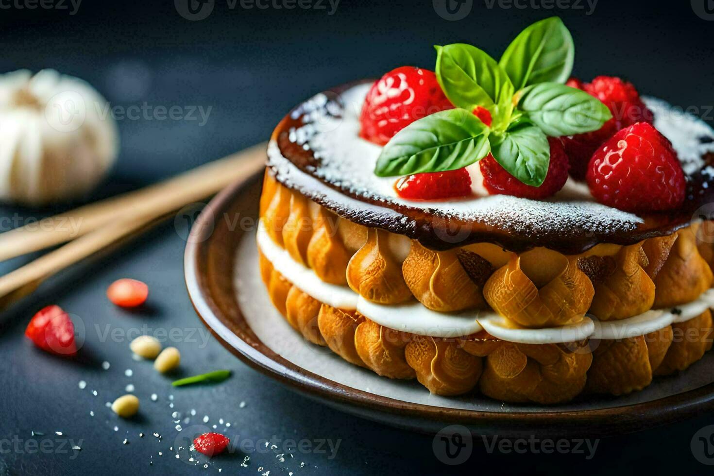 ein Kuchen mit Erdbeeren und Sahne auf ein schwarz Hintergrund. KI-generiert foto