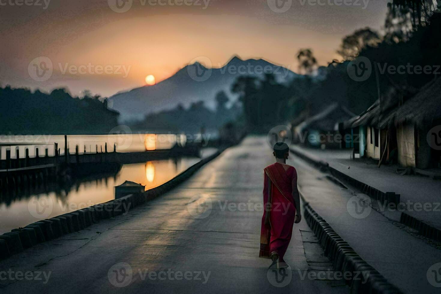 ein Frau im ein rot Kleid Spaziergänge Nieder ein Straße beim Sonnenuntergang. KI-generiert foto