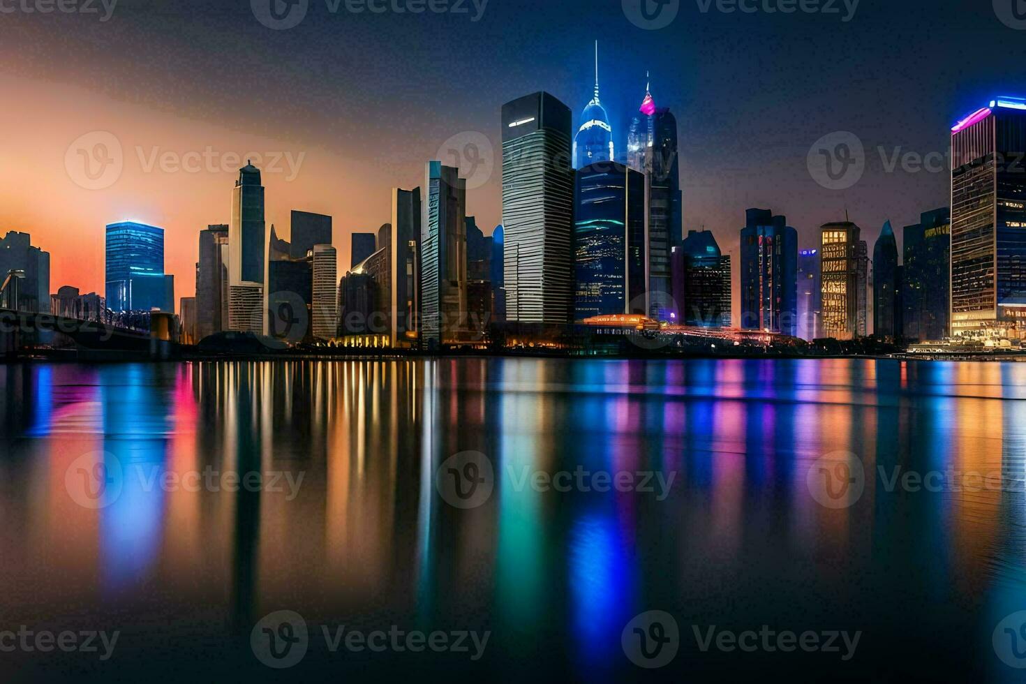 das Stadt Horizont beim Nacht mit Reflexionen im das Wasser. KI-generiert foto