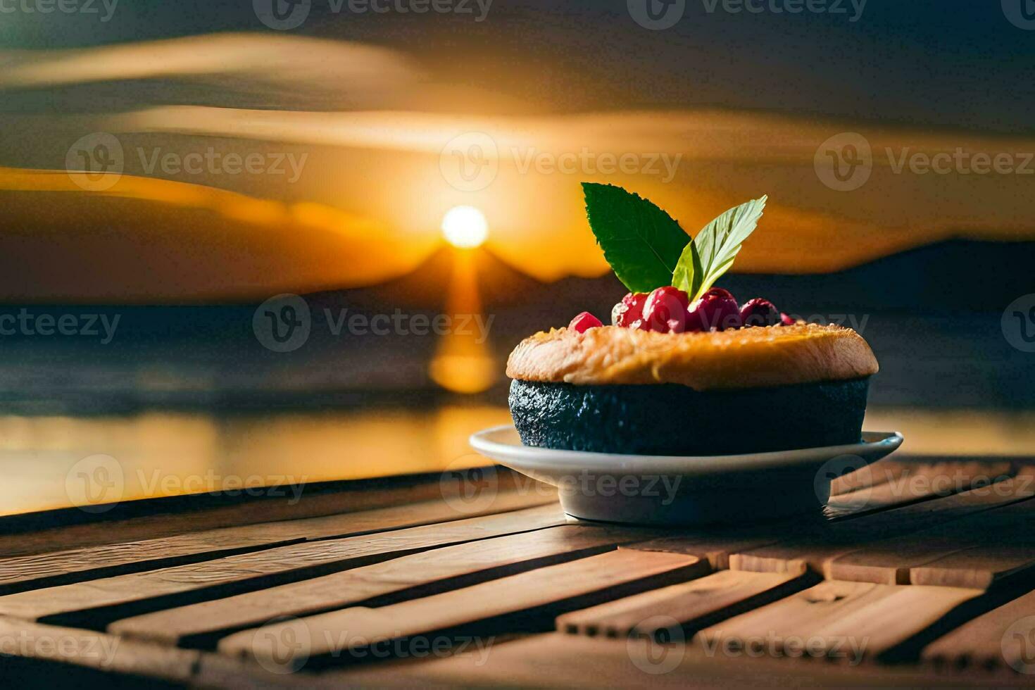 ein Dessert auf ein Teller mit ein Sonnenuntergang im das Hintergrund. KI-generiert foto