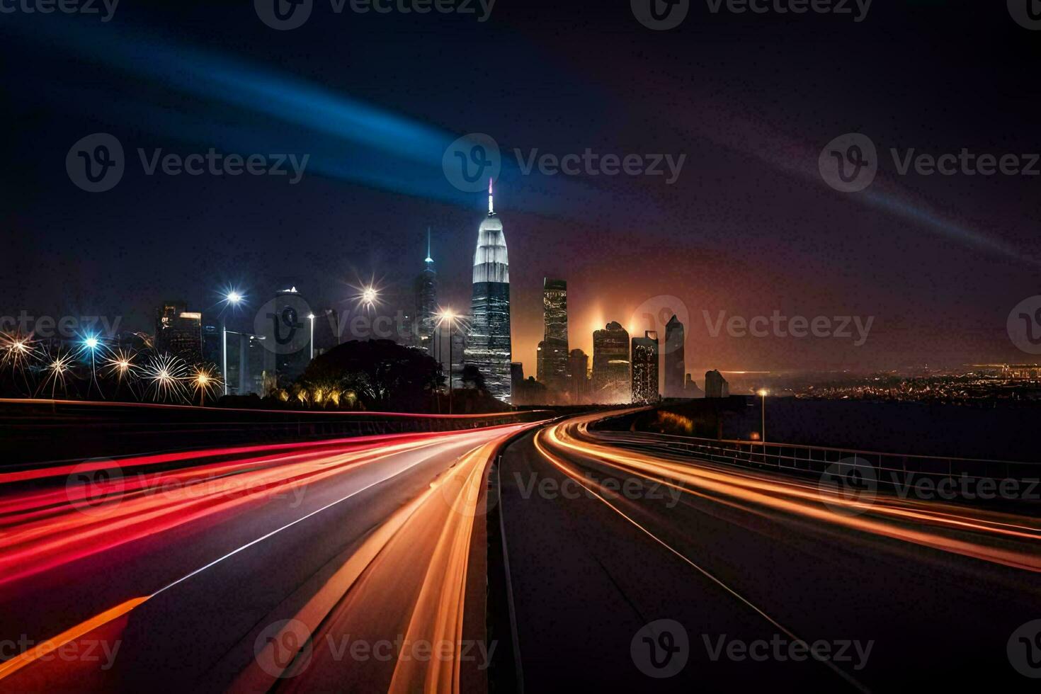 ein lange Exposition fotografieren von ein Stadt Horizont beim Nacht. KI-generiert foto