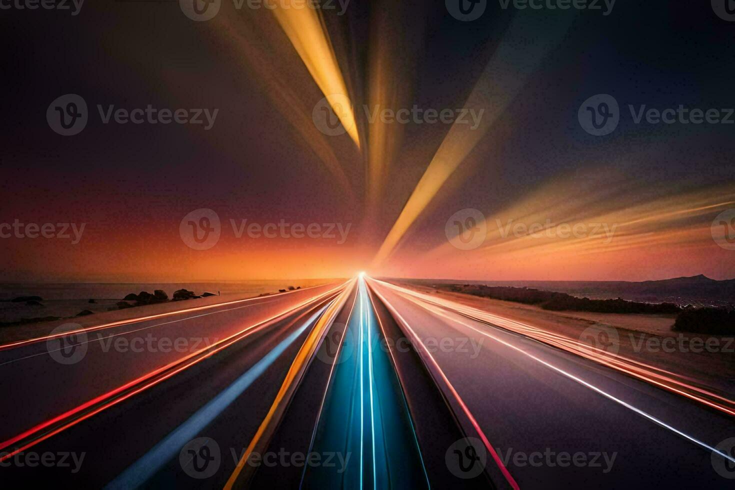 ein lange Exposition fotografieren von ein Autobahn beim Sonnenuntergang. KI-generiert foto