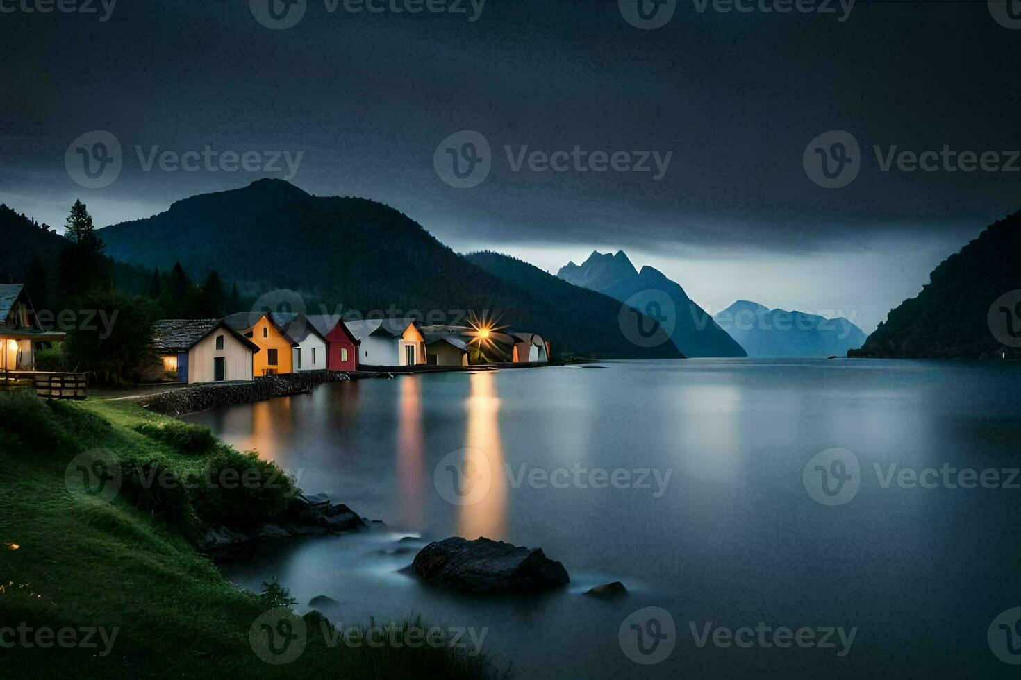 Foto Hintergrund das Himmel, Berge, Wasser, Häuser, Norwegen, das Meer, das l. KI-generiert