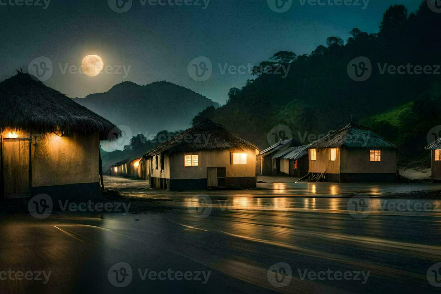 Foto Hintergrund das Mond, Nacht, das Himmel, das Berge, das Dorf, das Mond,. KI-generiert