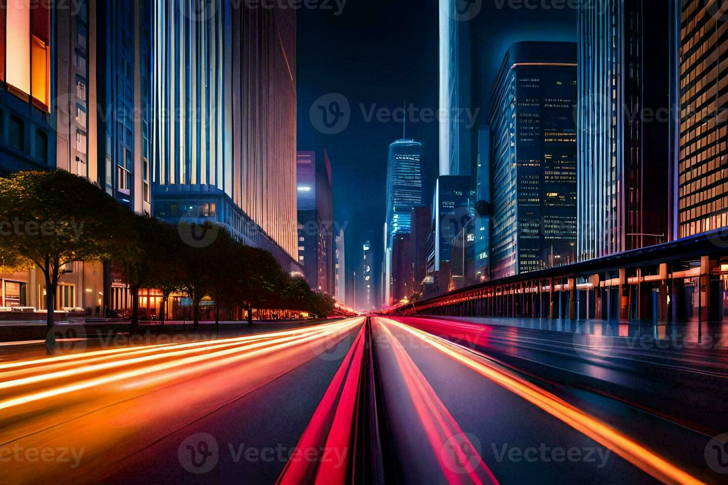 ein Stadt Straße beim Nacht mit Licht Wanderwege. KI-generiert foto