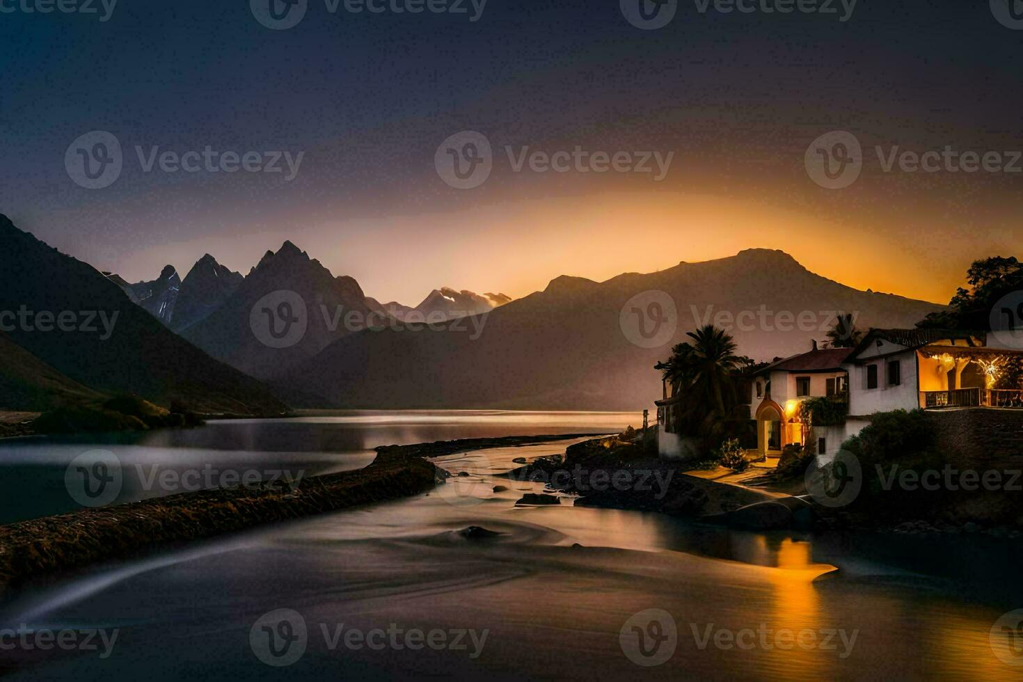 ein Fluss und Häuser im das Berge beim Sonnenuntergang. KI-generiert foto