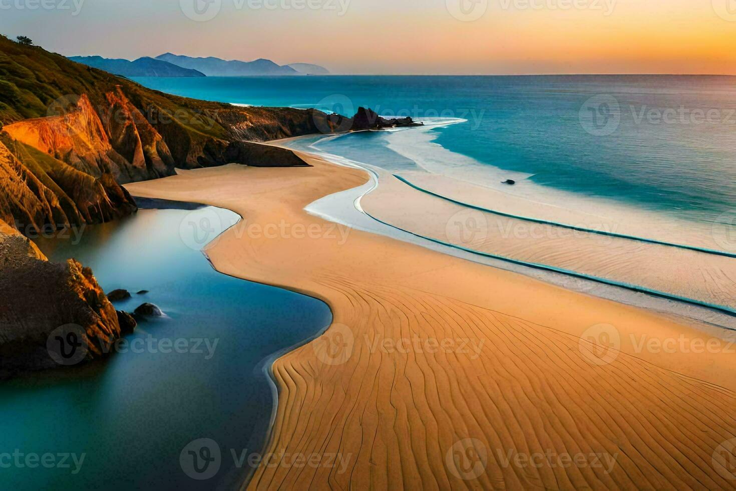 ein schön Strand beim Sonnenuntergang mit Sand und Wasser. KI-generiert foto