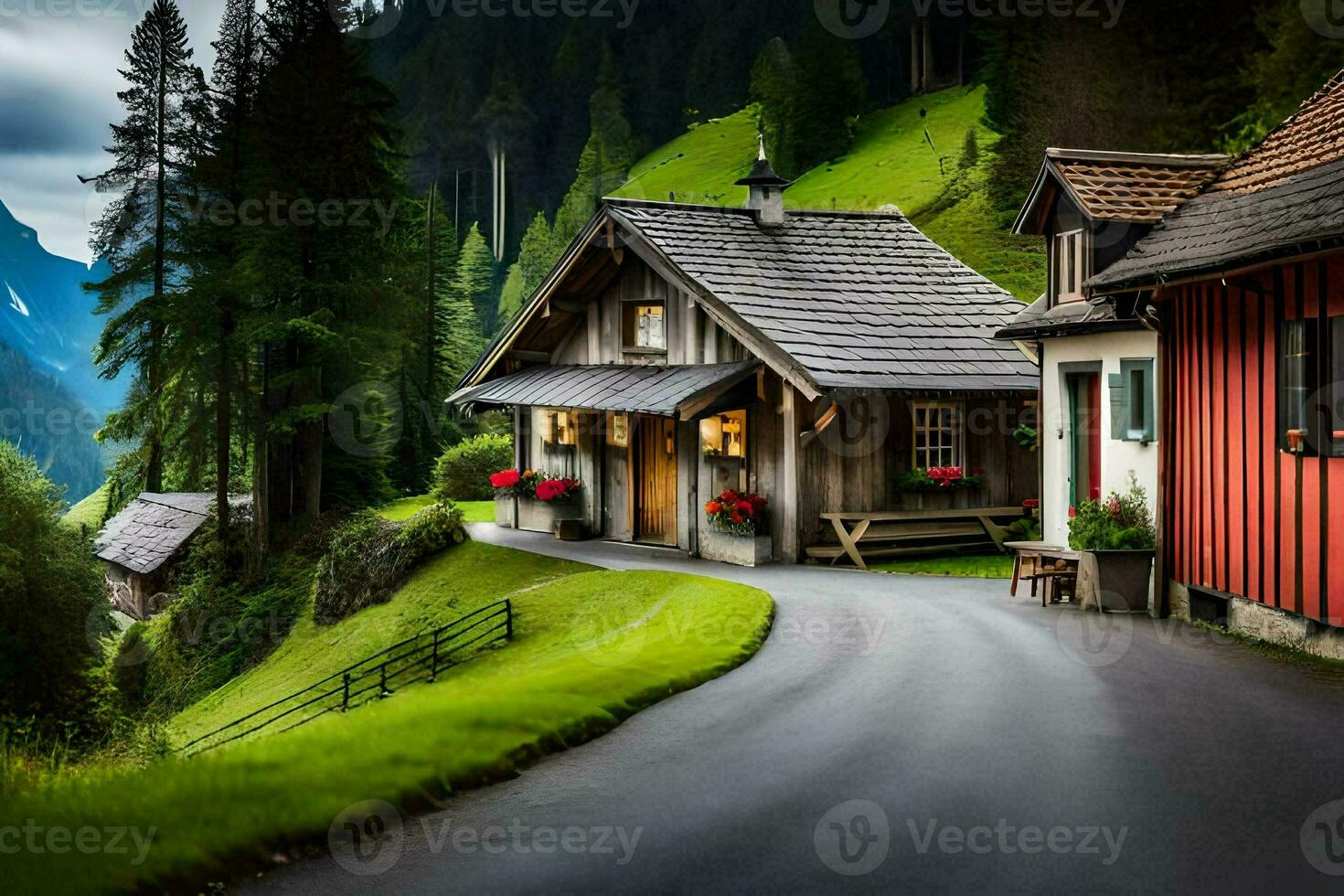 ein Straße führen zu ein klein Haus im das Berge. KI-generiert foto