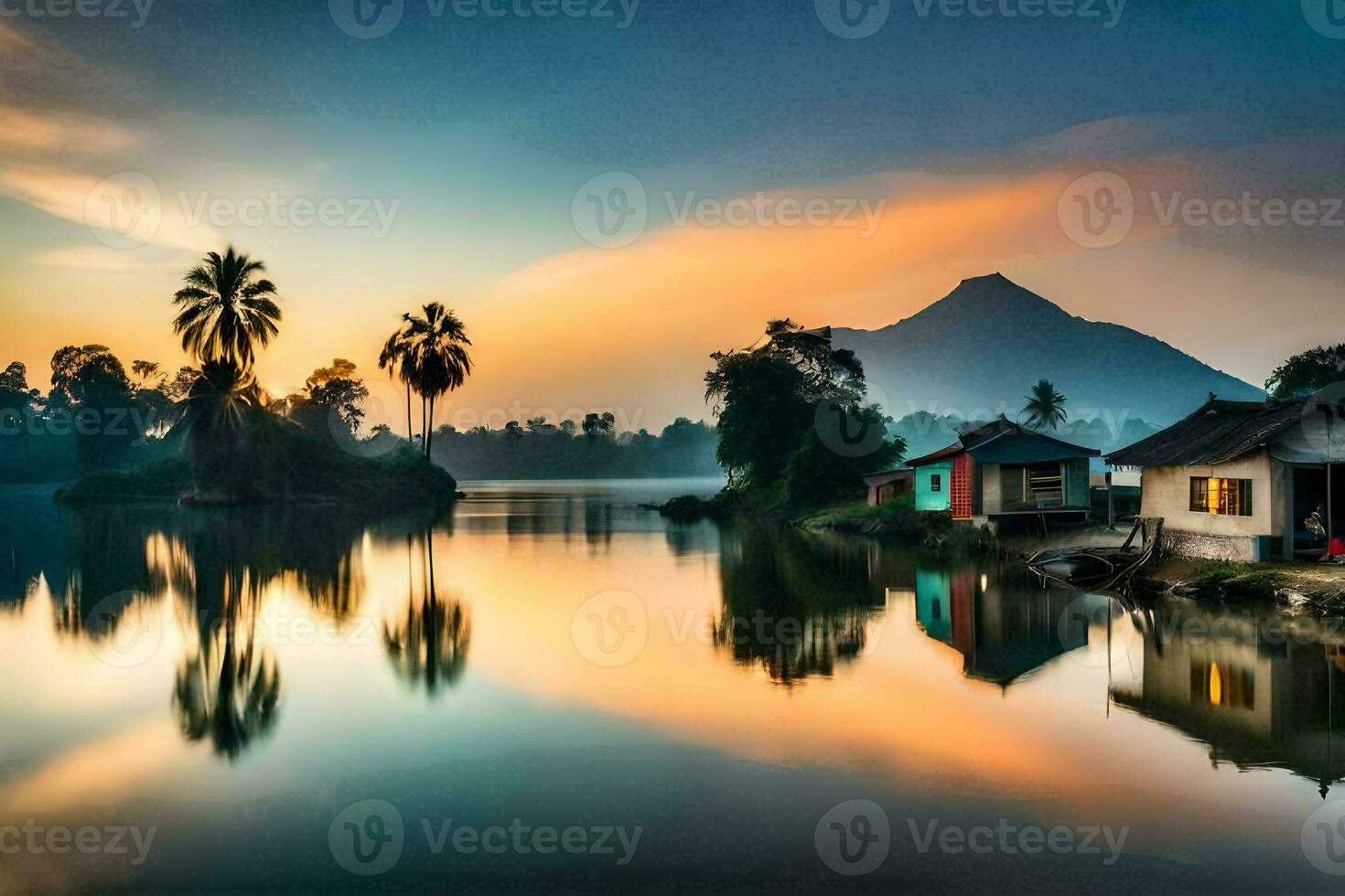 das Sonnenaufgang Über das See und Häuser. KI-generiert foto