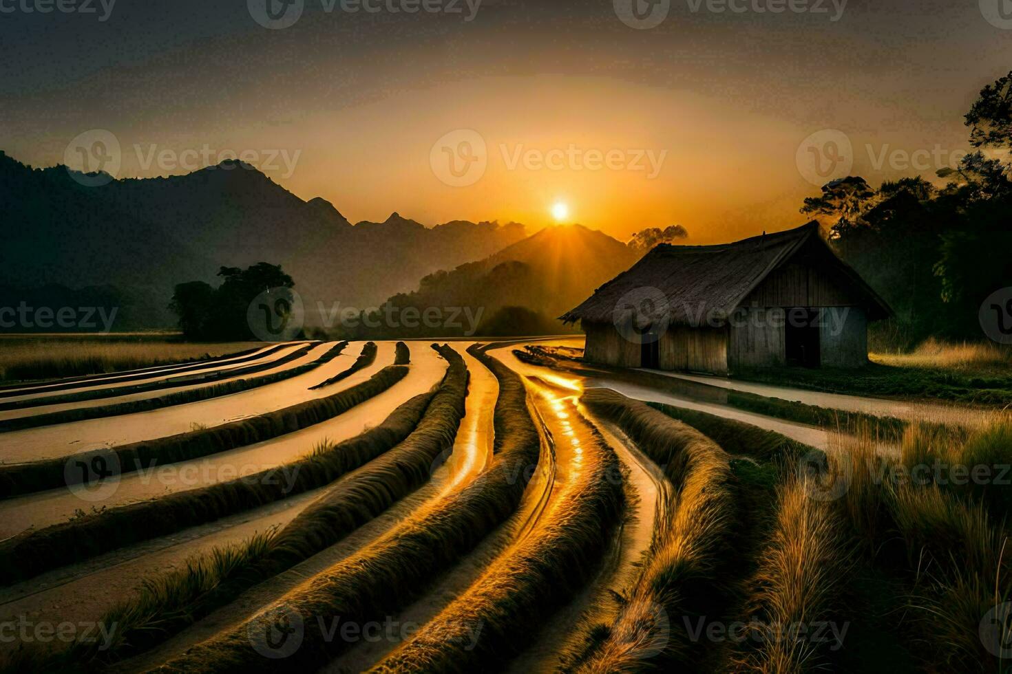 das Sonne setzt Über ein Reis Feld im Vietnam. KI-generiert foto
