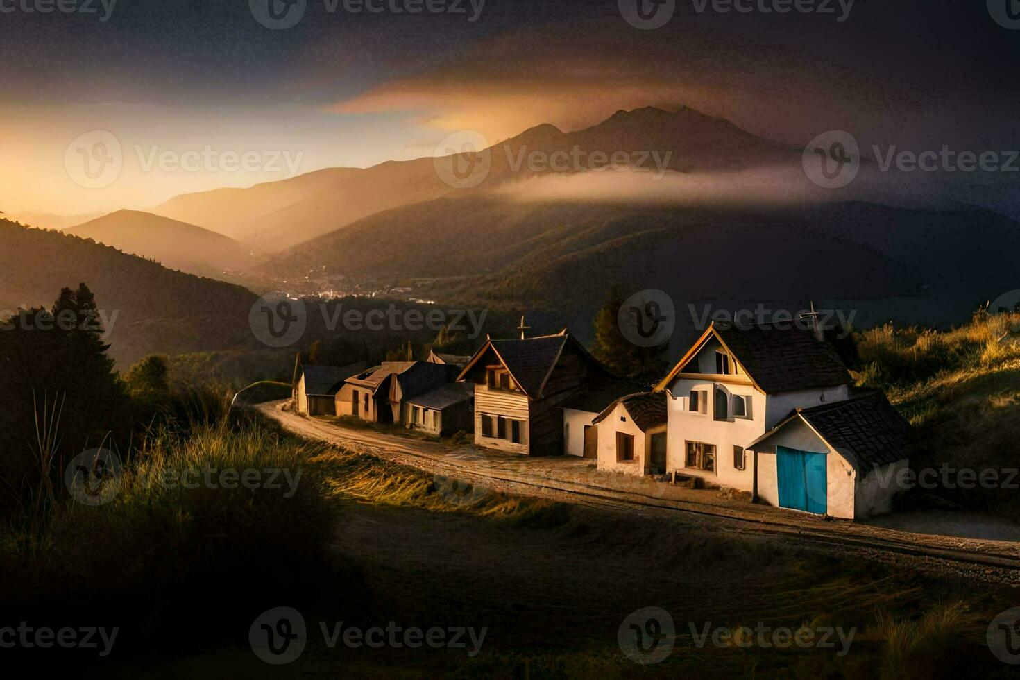 Foto Hintergrund das Himmel, Berge, das Straße, das Dorf, das Haus, das Straße,. KI-generiert