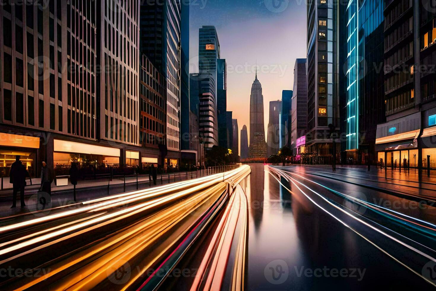 ein Stadt Straße beim Nacht mit Licht Wanderwege. KI-generiert foto