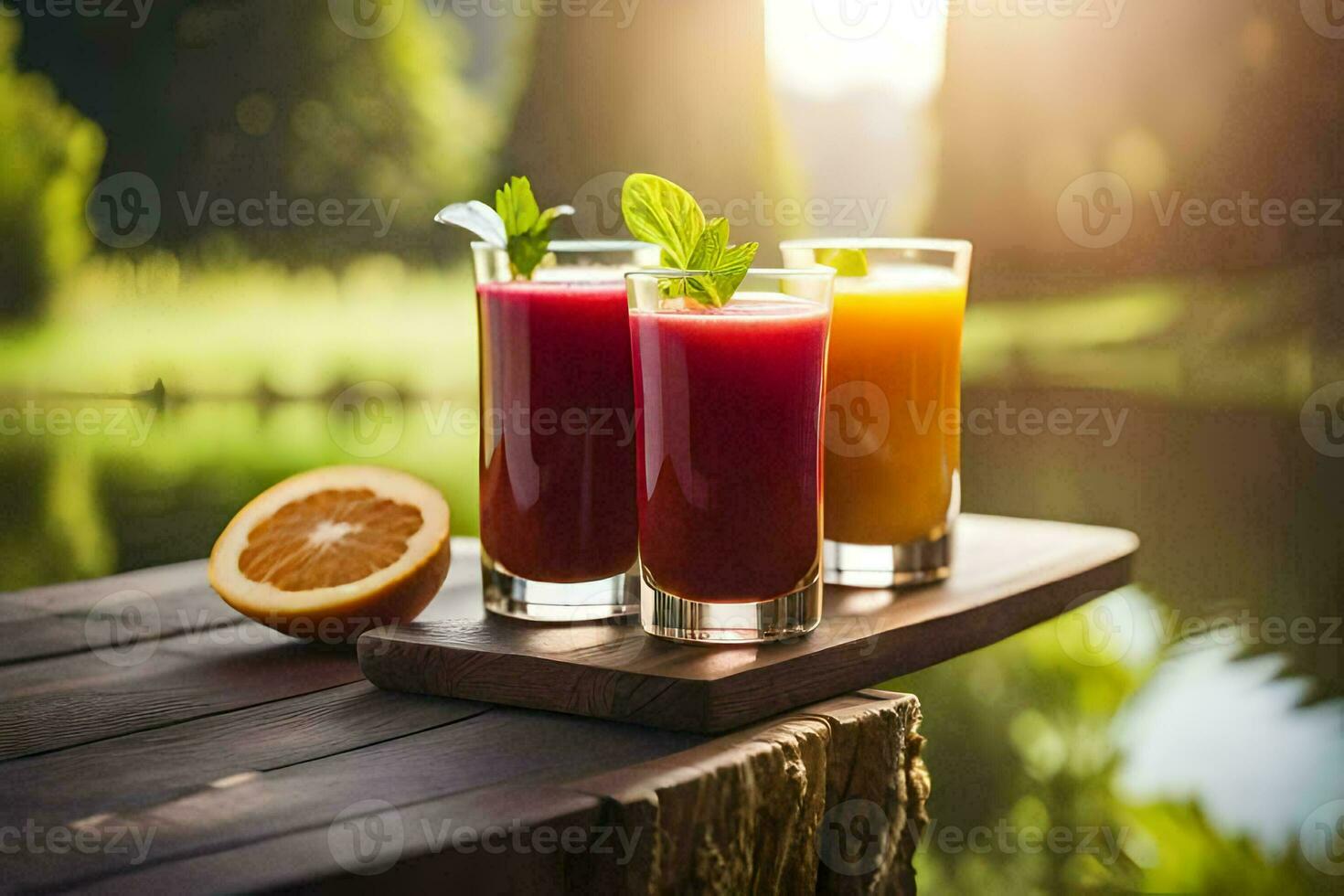 drei Brille von Saft auf ein hölzern Tisch. KI-generiert foto