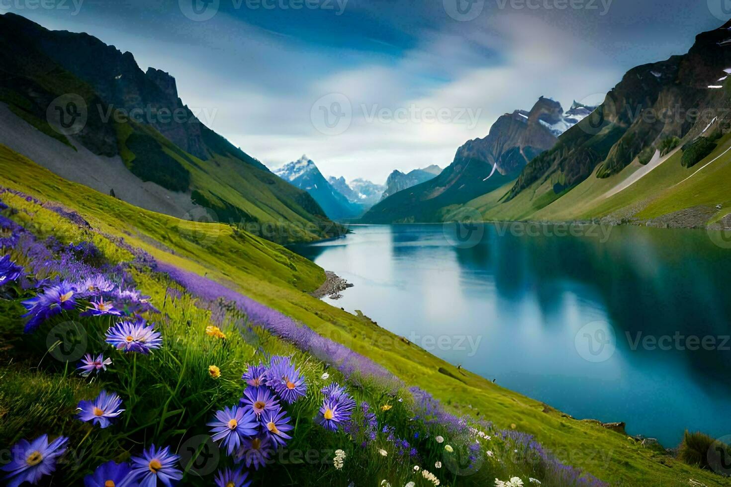 das Blumen sind Blühen im das Berge. KI-generiert foto