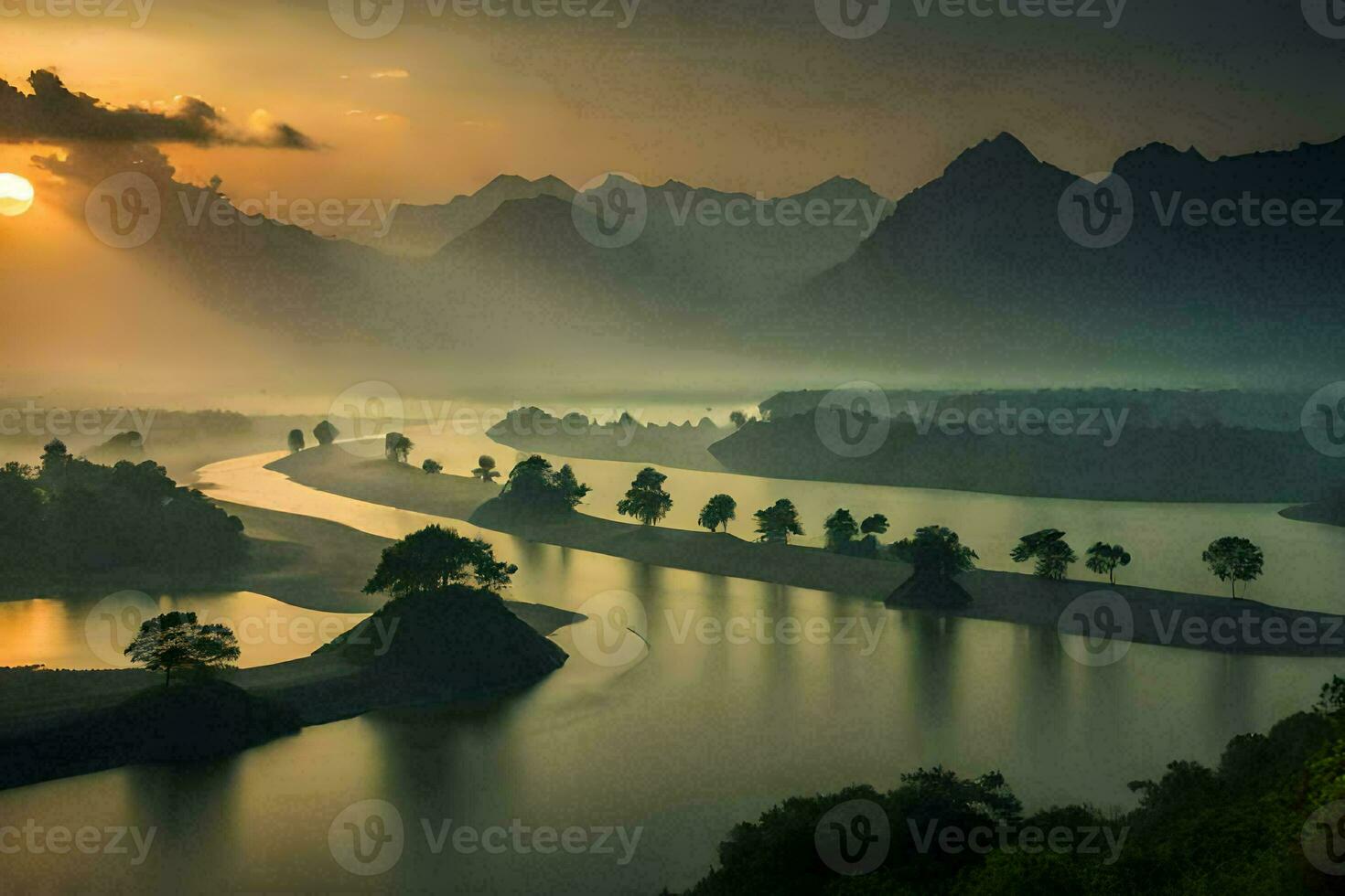 das Sonne steigt an Über ein Fluss und Berge. KI-generiert foto