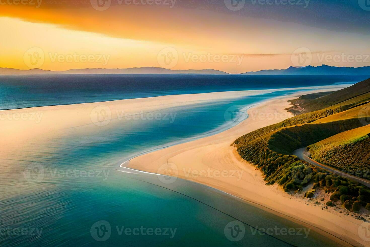 das Strand und Berge beim Sonnenuntergang. KI-generiert foto