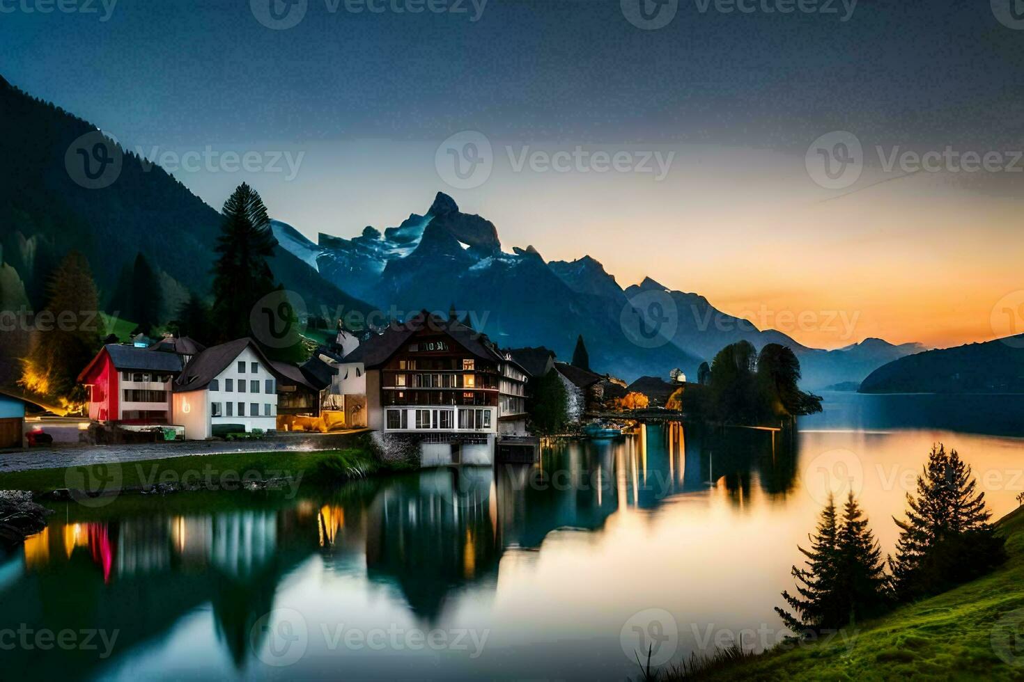 ein schön Sonnenuntergang Über ein See und Berg Bereich. KI-generiert foto