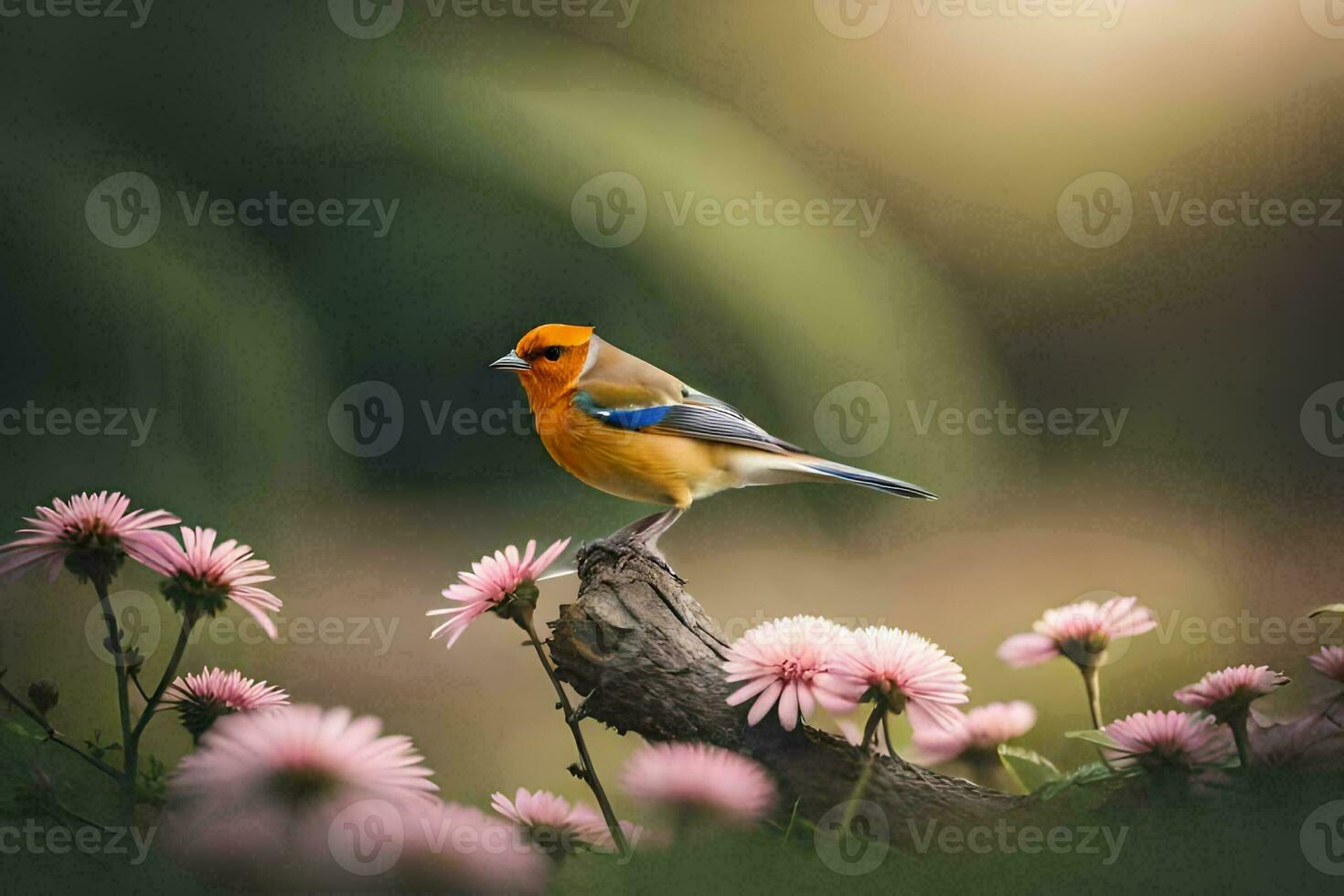 ein Vogel ist thront auf ein Ast im Vorderseite von Rosa Blumen. KI-generiert foto