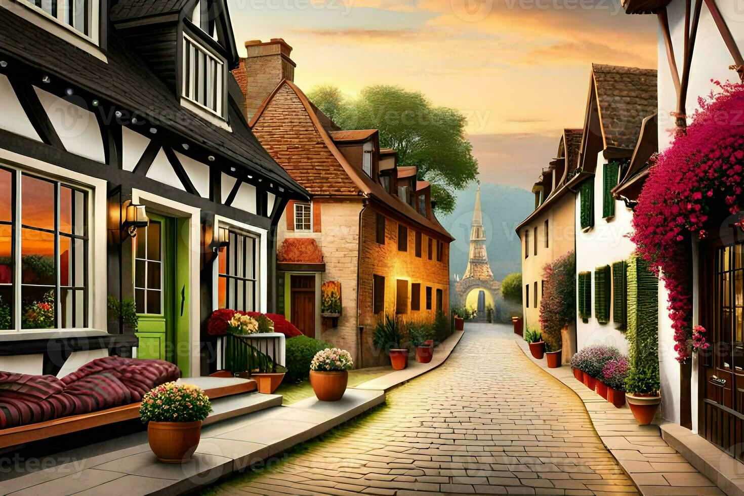 ein alt europäisch Straße mit Blumen und ein Haus. KI-generiert foto