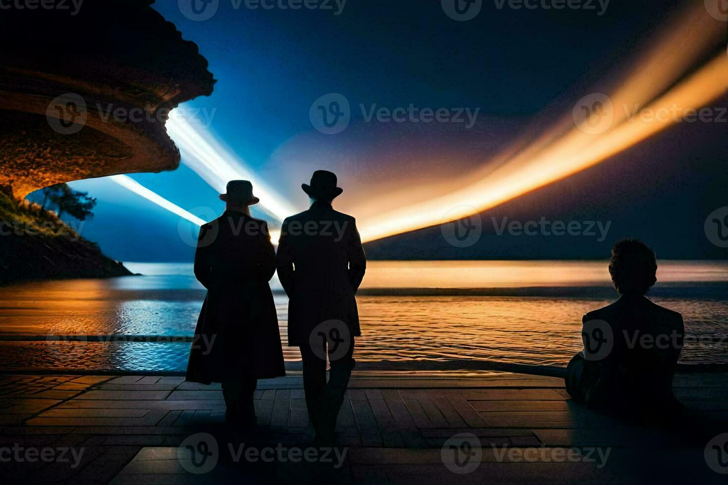 zwei Menschen Stehen auf ein Dock suchen beim das Ozean. KI-generiert foto