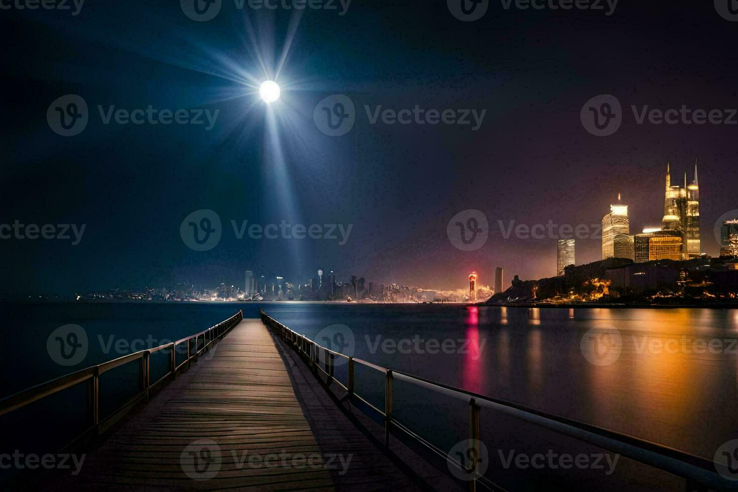 ein Seebrücke mit ein Stadt Horizont im das Hintergrund. KI-generiert foto