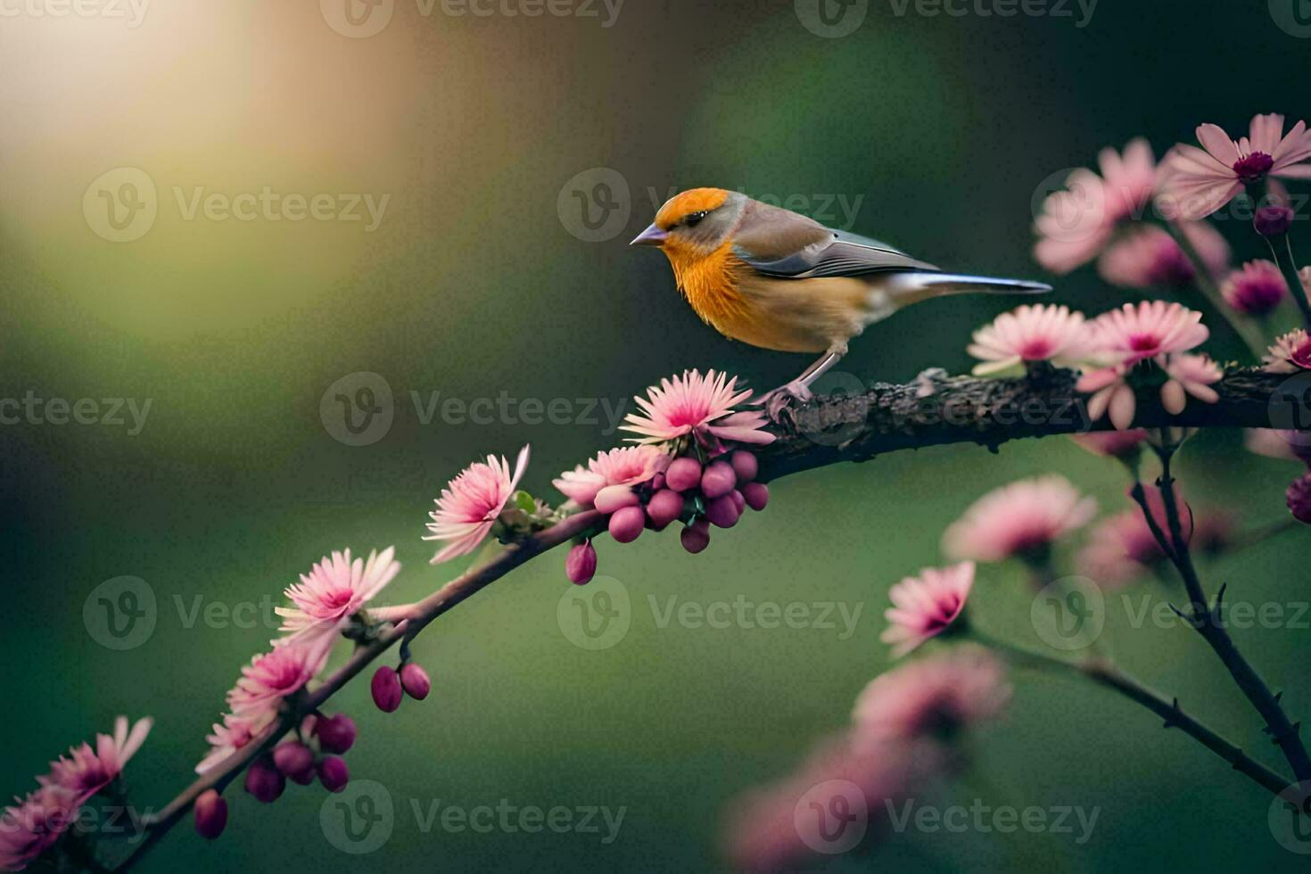 Foto Hintergrund Natur, Vogel, Blumen, Frühling, das Sonne, das Himmel, das Vögel,. KI-generiert