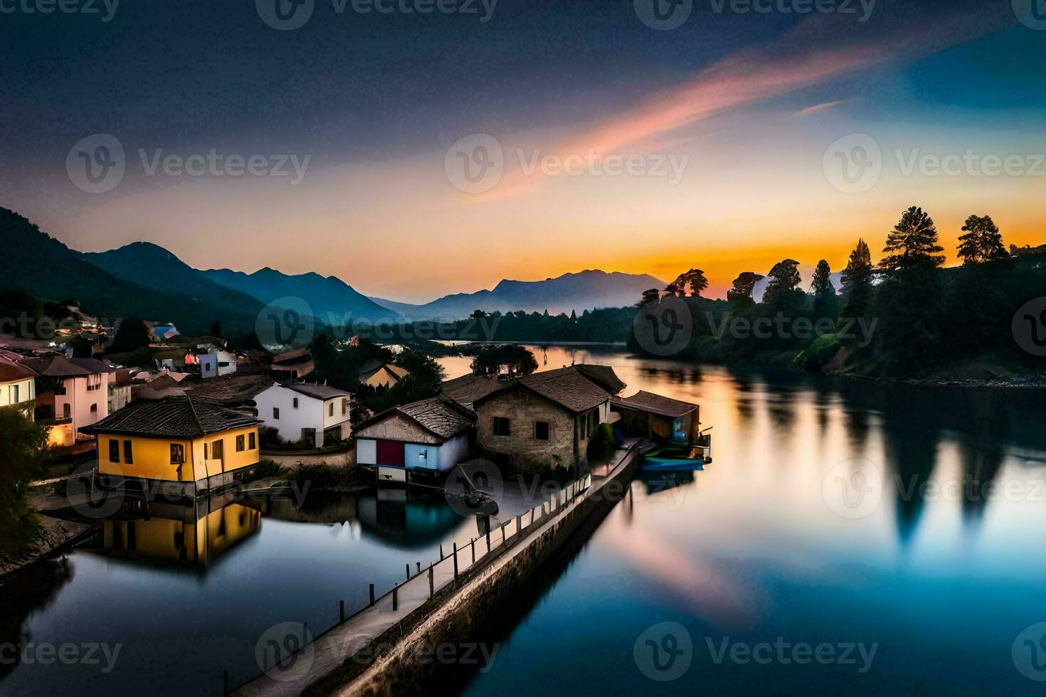 Foto Hintergrund das Himmel, Wasser, Berge, Häuser, See, Sonnenuntergang, das Dorf, Die. KI-generiert