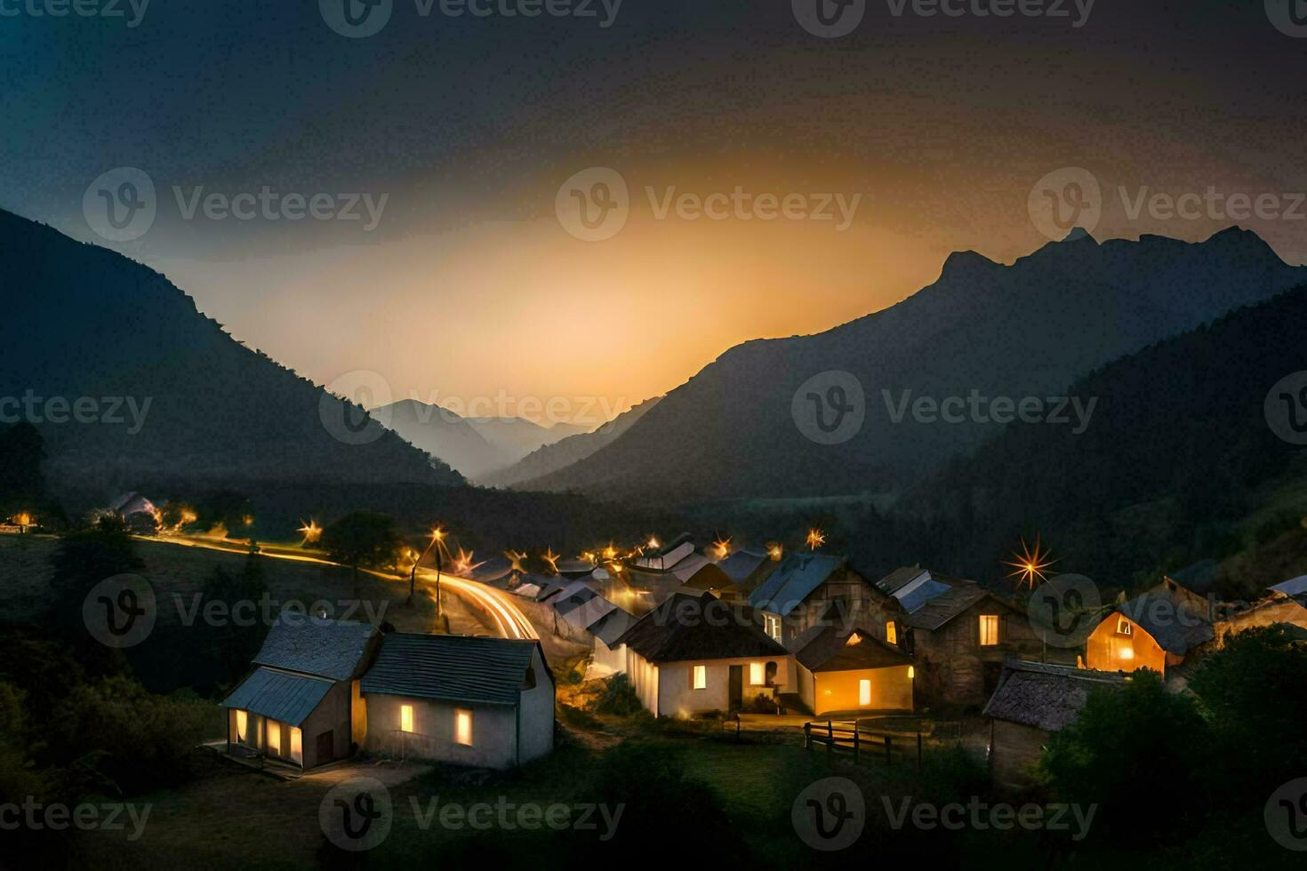 ein Dorf beim Dämmerung im das Berge. KI-generiert foto