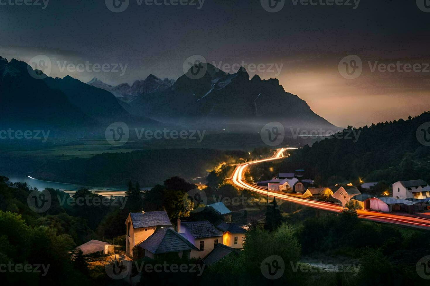 ein Stadt, Dorf und Berge beim Nacht. KI-generiert foto
