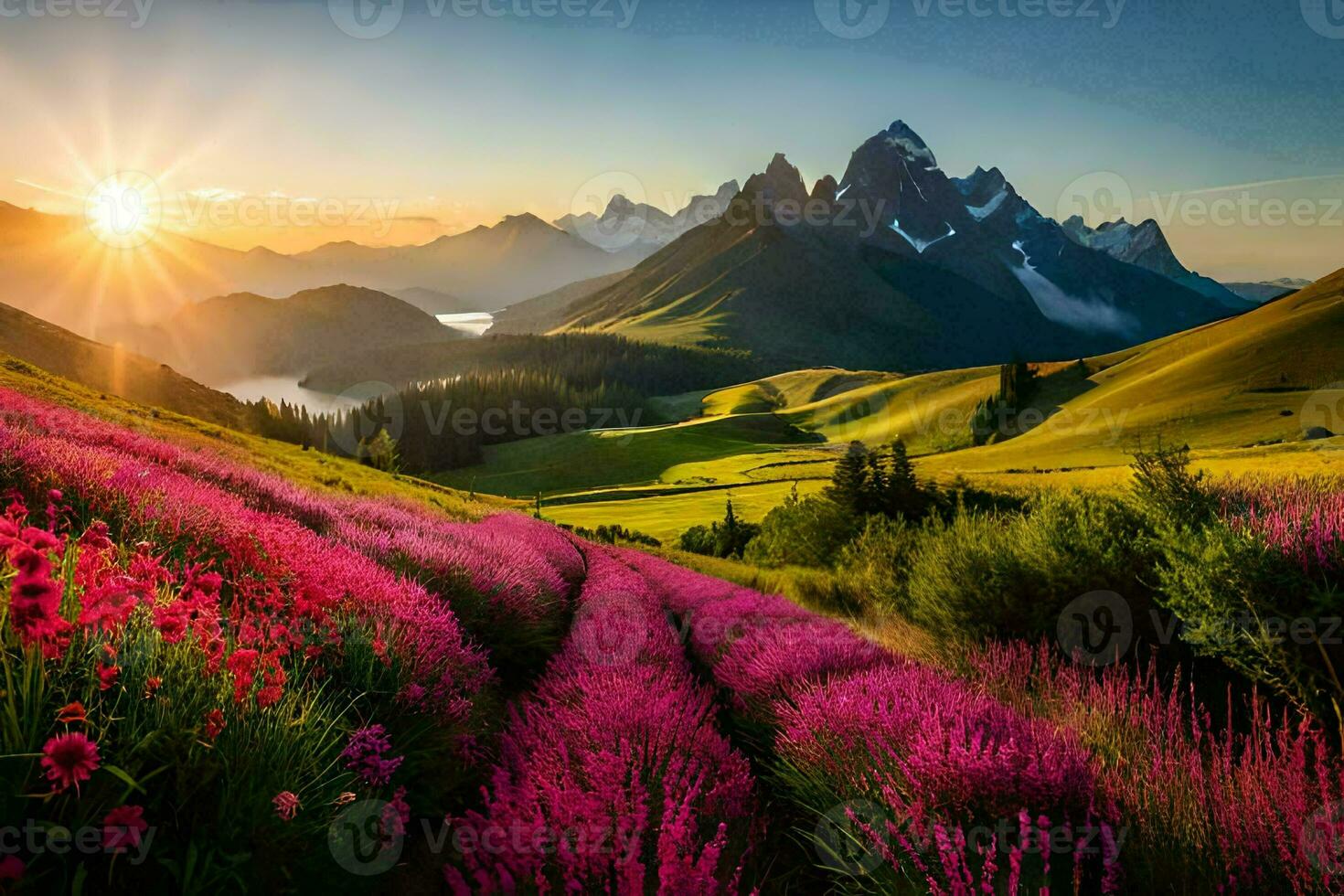 das Sonne steigt an Über ein Feld von Blumen und Berge. KI-generiert foto